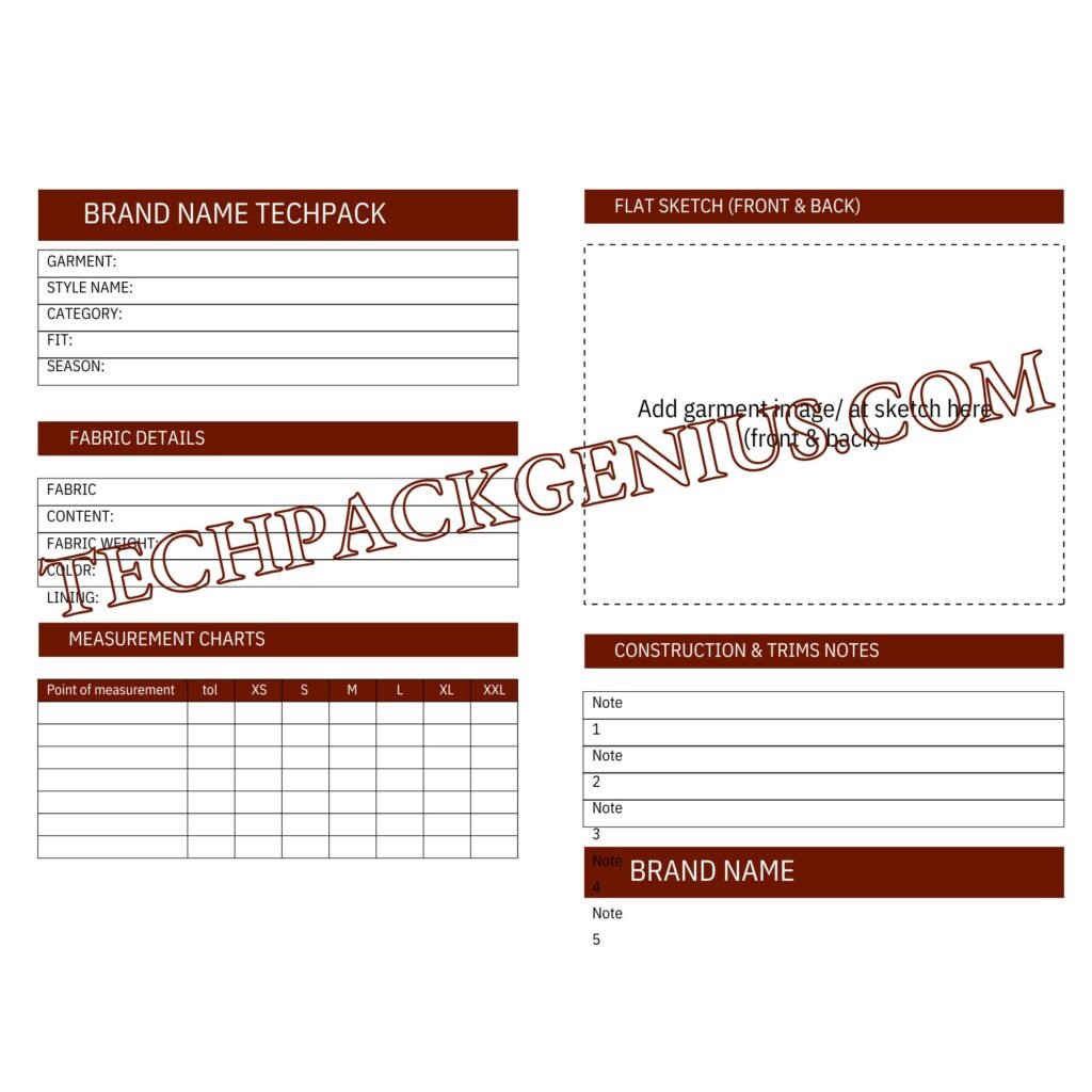 SINGLE PAGE TECH PACK TEMPLATE